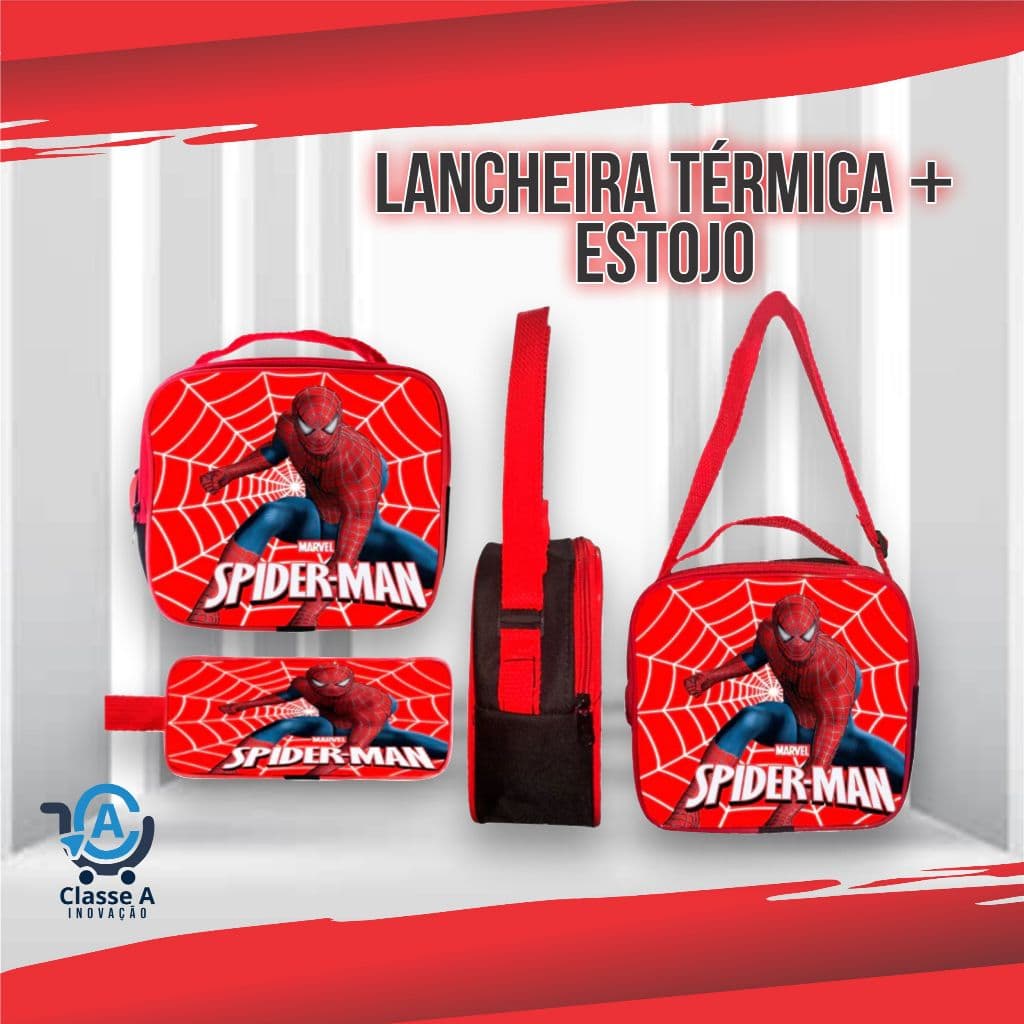 Kit Lancheira Térmica e Estojo Infantil Masculina Menino Personagens Homem Aranha Sonic Hotwheels