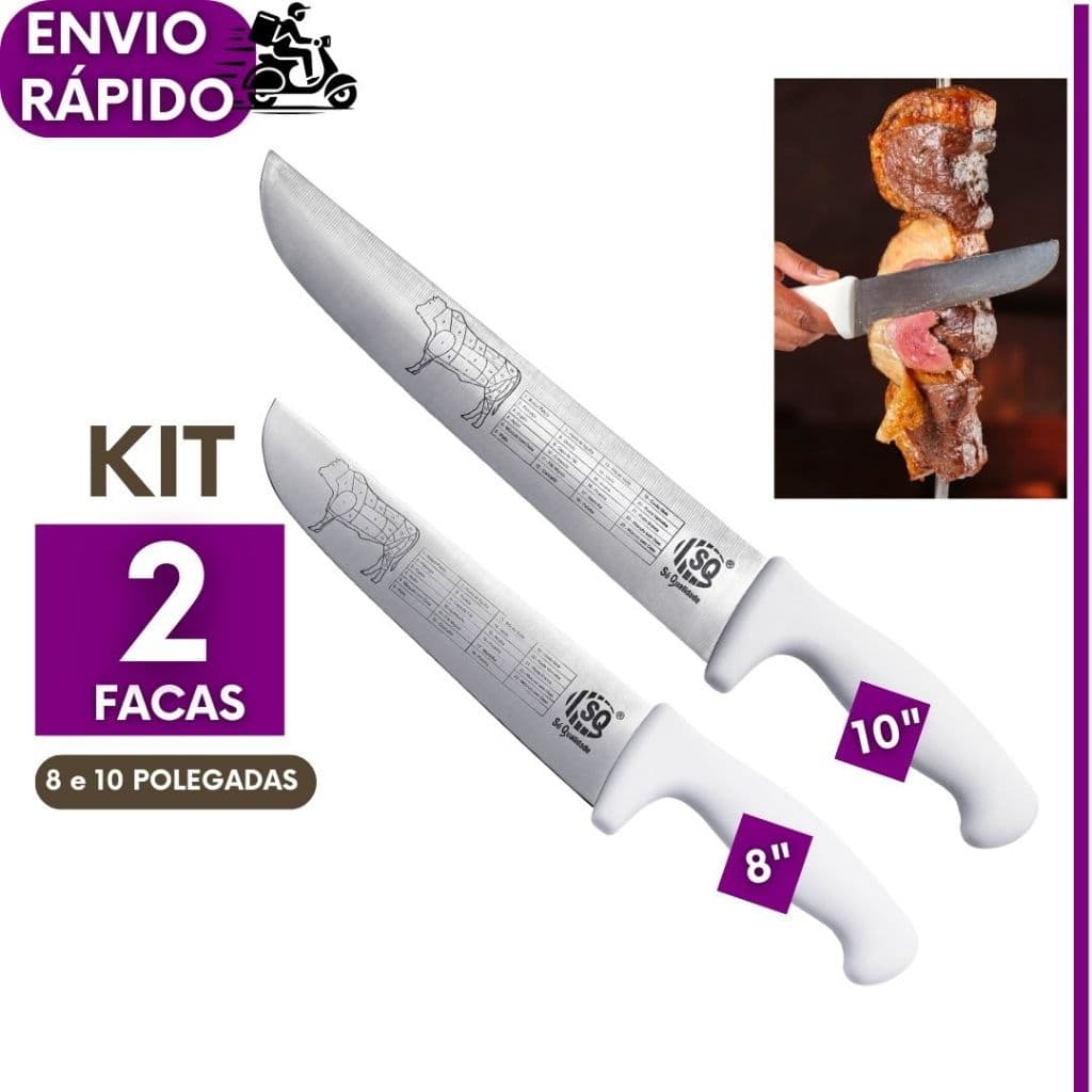 Kits Faca Profissional de 10" e 8" Inox Cozinha Carne Churrasco Chef Cabo Branco