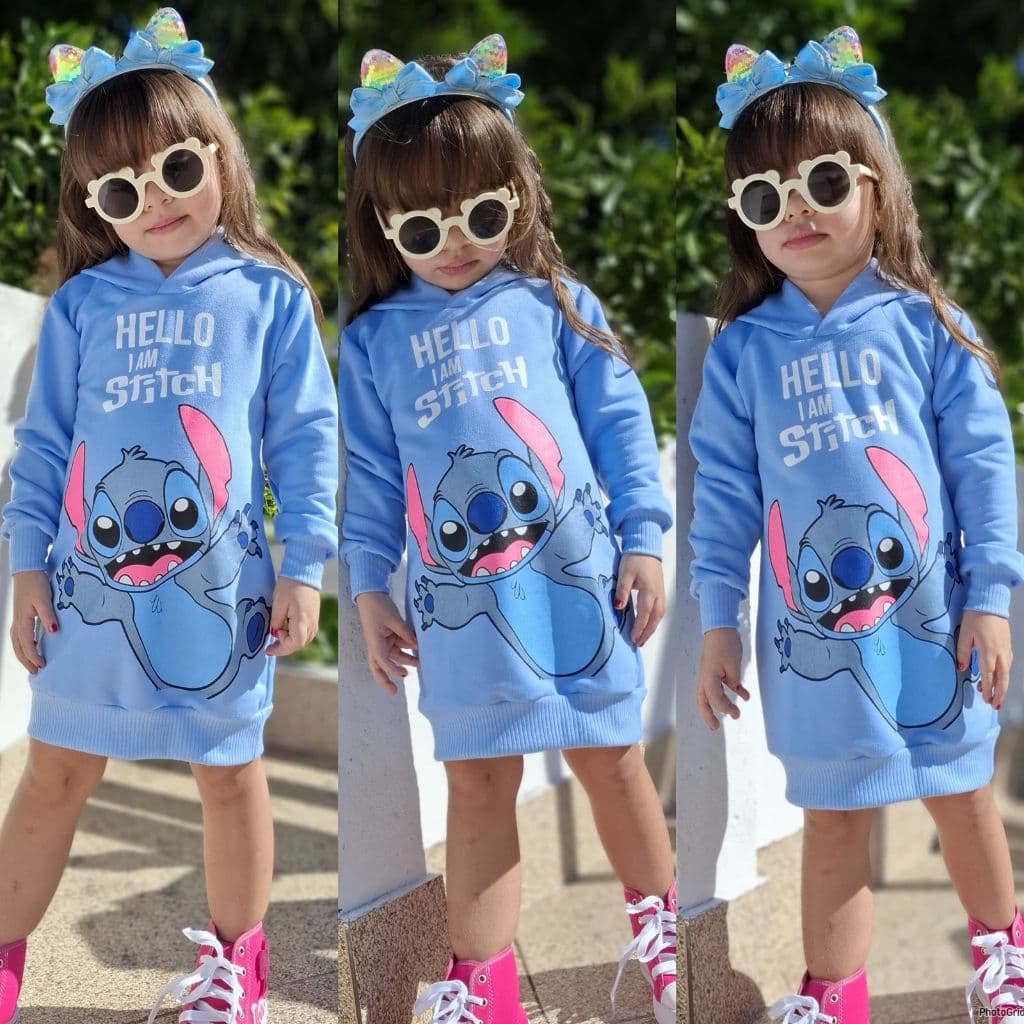 Vestido Stitch Menina Inverno Manga Longa com Capuz Quentinho e Estiloso 2 a 14 Anos