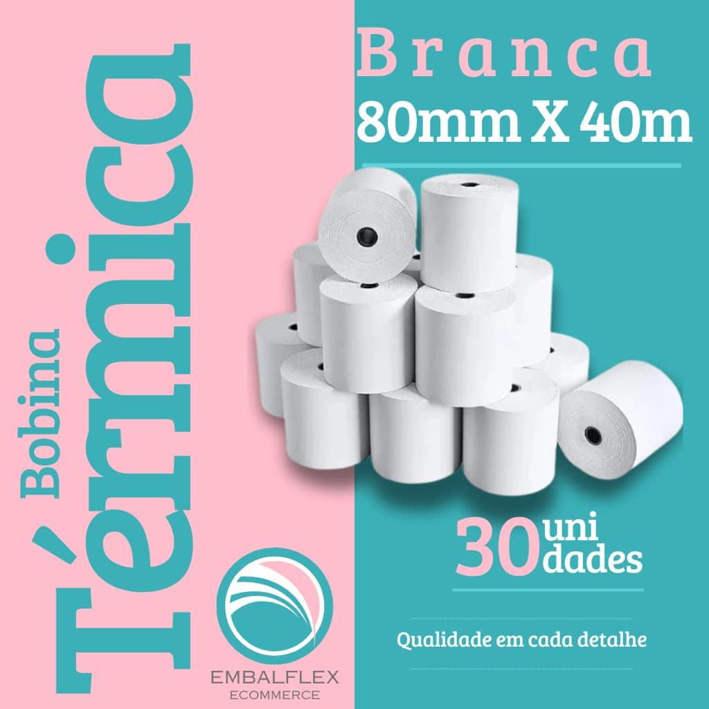 Bobina Térmica 80x40m – Caixa com 30 Rolos Branca Ótima Impressão - produto de Qualidade