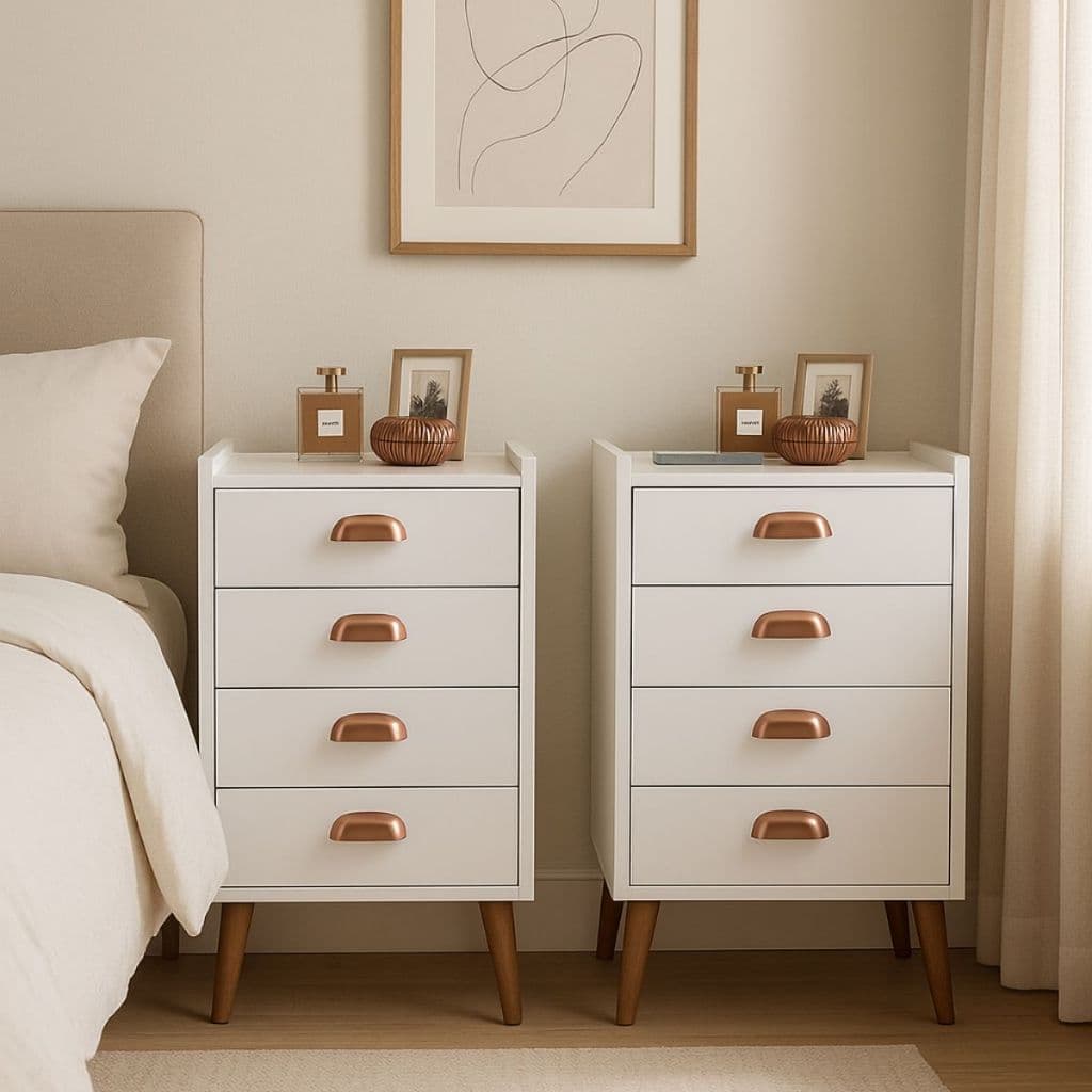 Kit 2 Mesas De Cabeceira Retrô Organizadora Quarto Com 4 Gavetas Puxador Concha Monet Mesa Lateral
