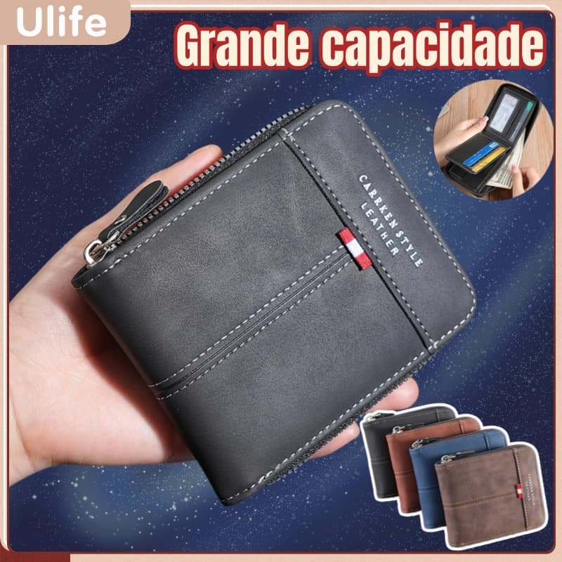 Carteira masculina couro PU com porta documentos com fecho cor preta Azul Café Escuro-UF