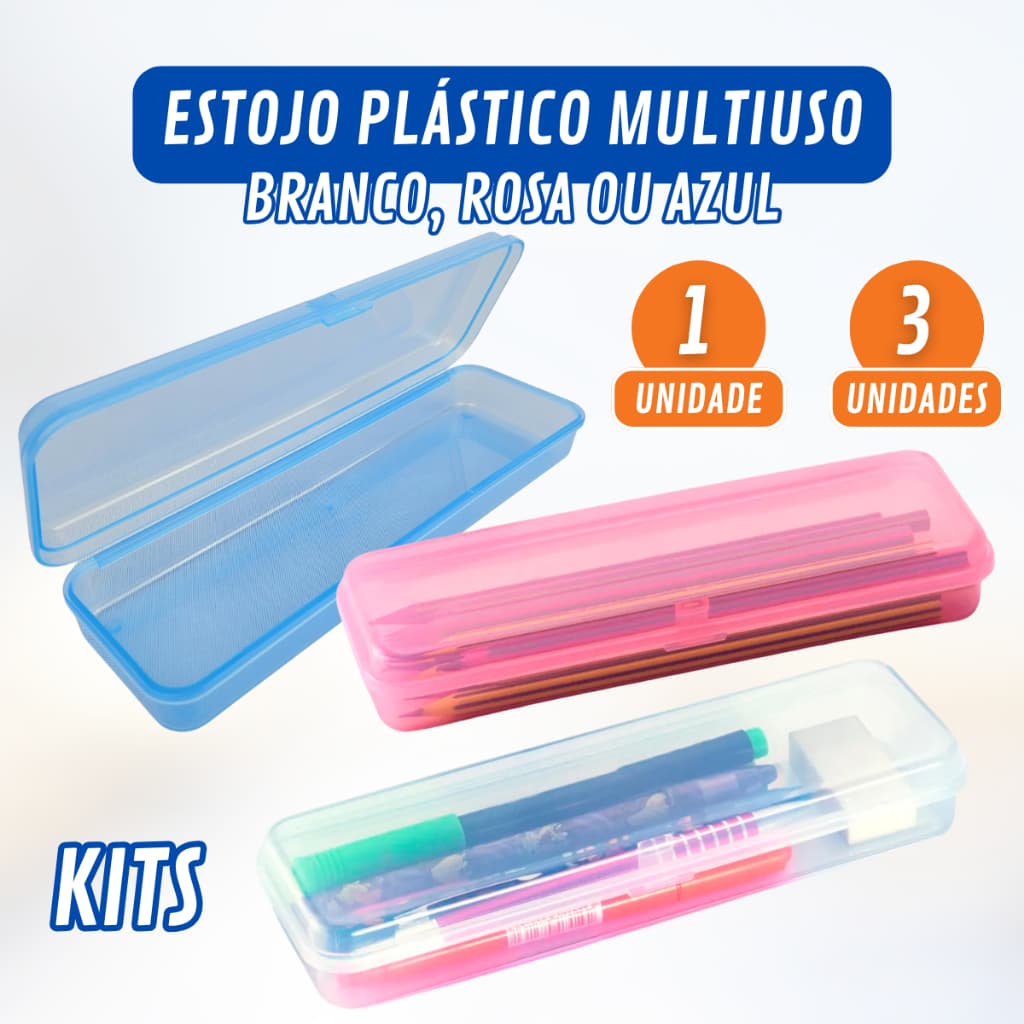 Estojo Plástico Multiuso Organizador Transparente Resistente Escolar Unidade ou Kit