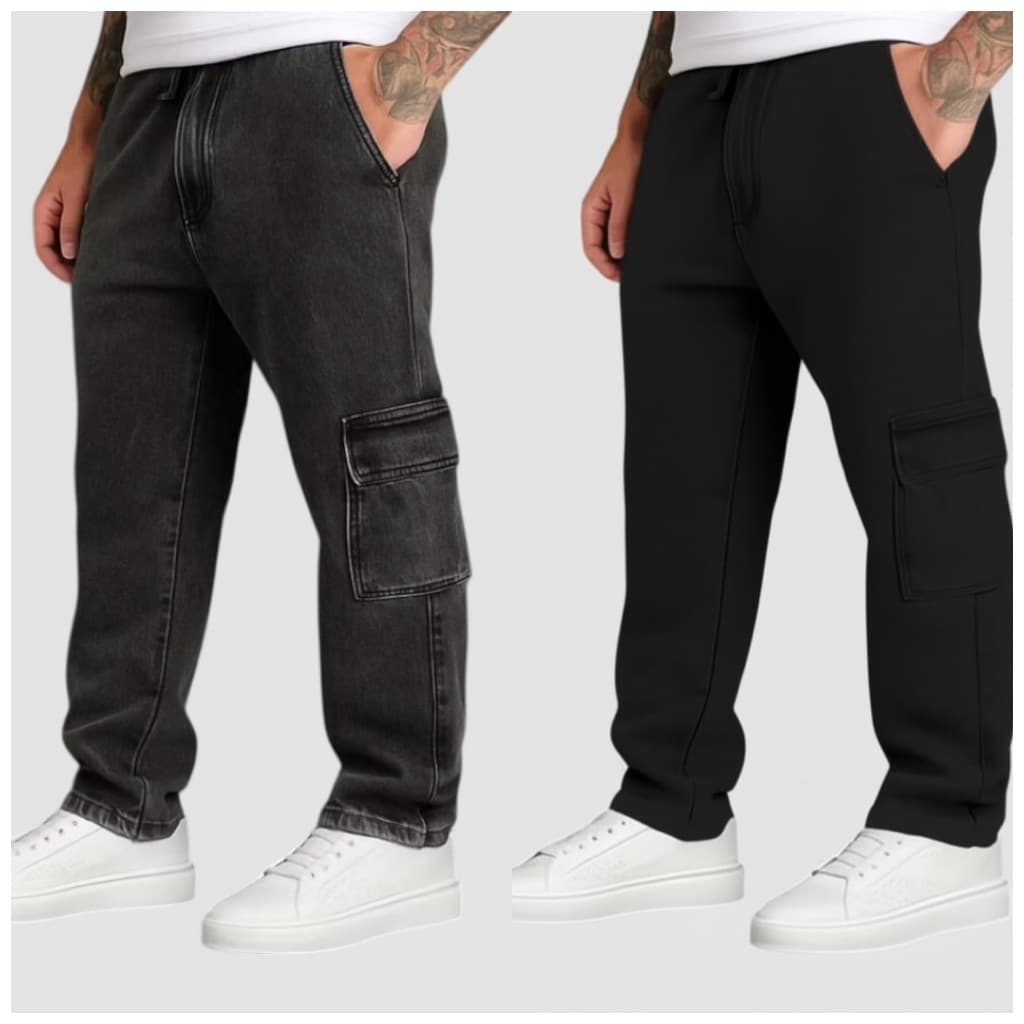 Kit Com 2 Calças Cargo Masculinas Sarja Jeans Múltiplos Bolsos Confortável