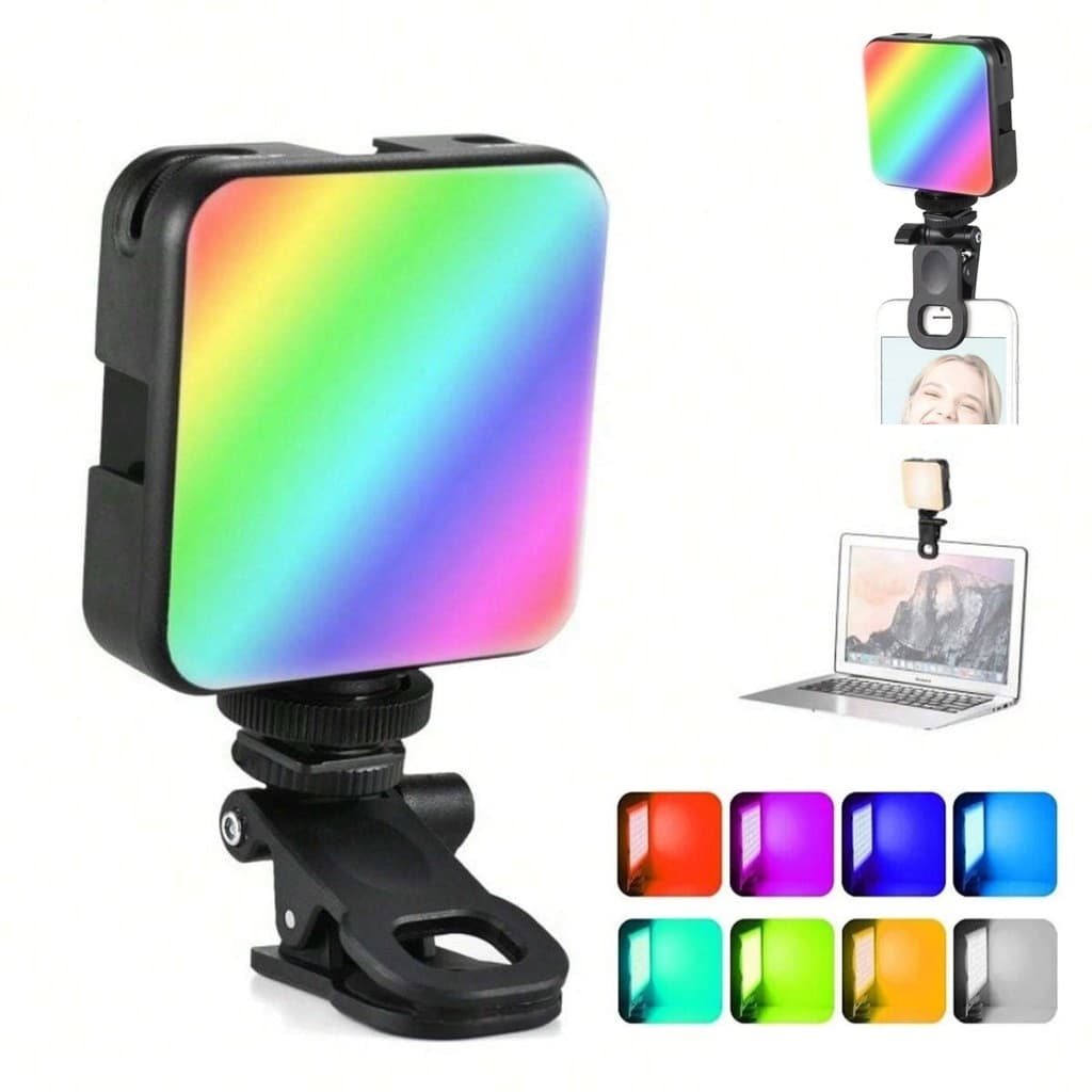 Luz LED RGB Portátil com Clip – Iluminação Perfeita para Selfies, Vídeos e Videoconferências