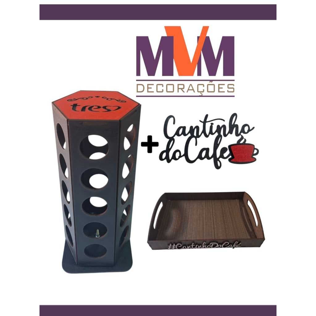 KIT com Torre Porta Cápsulas Giratória 360° + Frase + Bandeja cantinho café Porta Cápsulas DOLCE GUSTO TRÊS CORAÇÕES