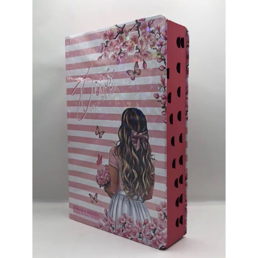 Bíblia Sagrada Tamanho Grande com Harpa Palavras de Jesus em Vermelho Capa Dura Cristais Borboletas