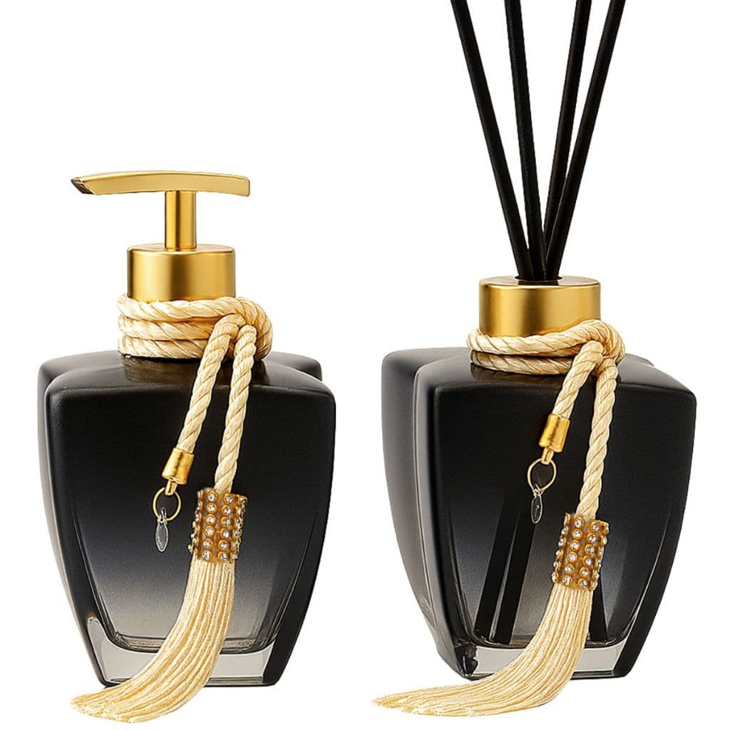 Kit 02 Vidros Estrela Degrade Preto Banheiro 280ml Sabonete E Difusor + Enfeite Luxo