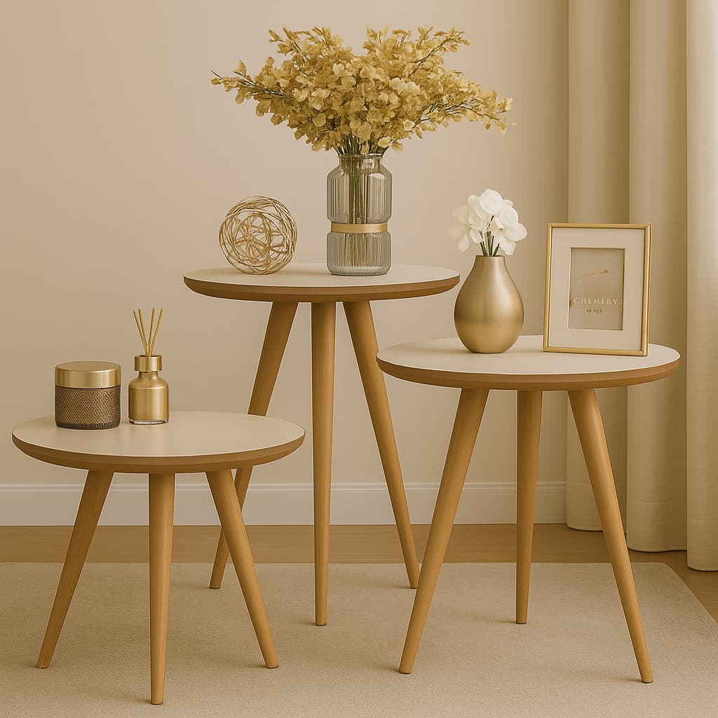 Conjunto 3 Mesas Laterais Canto Redonda Pé Palito Para Sala