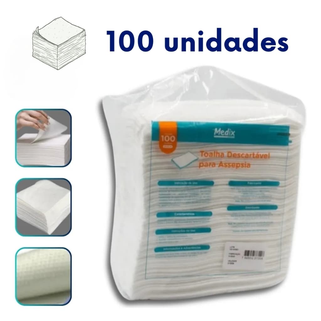 Toalha Lenço Descartável Para Banho Assepsia 30cm x 35cm 50 gramas Pacote C/100 Unidades - Medix