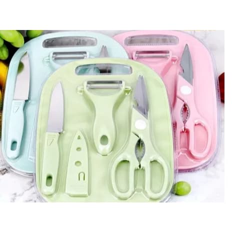 Kit de Utensílios de Cozinha 4 Peças - Faca Tesoura Descascador Tábua Culinária Inox LM