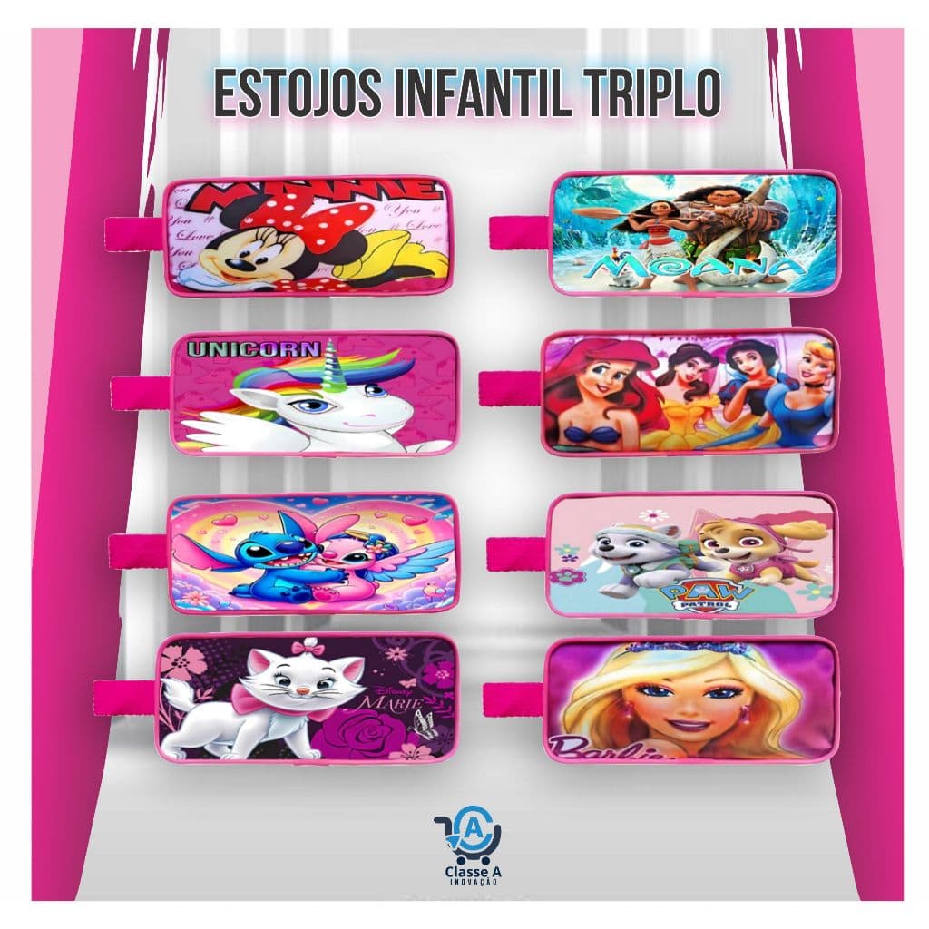Estojo Infantil Escolar Triplo Menina Personagens Grande 3 Zíperes Divisórias