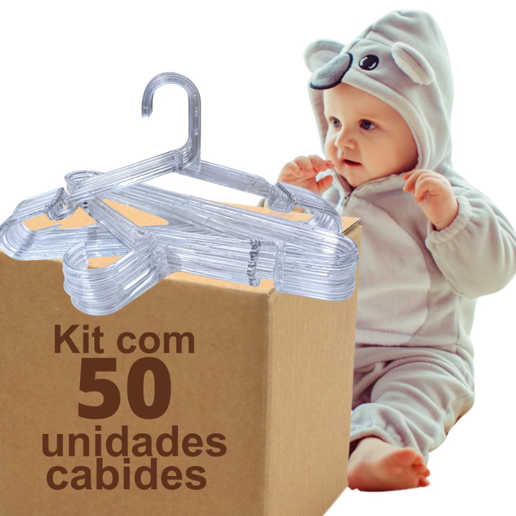 Kit cabides Infantil acrílico 50 unidades transparente para roupas reforçado