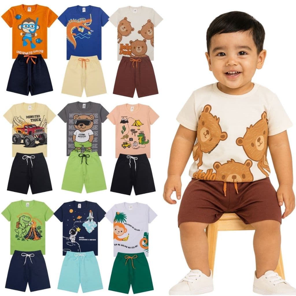 Kit Bebe 20 Peças De Roupas Menino Infantil - 10 Conjuntos de verão - 10 Camisetas + 10 bermudas shorts Masculino