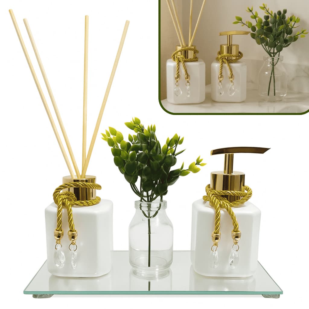 Kit Completo Lavabo Banheiro Frasco Pet Aromatizador e Saboneteira 200ml Com Bandeja e Vaso Planta