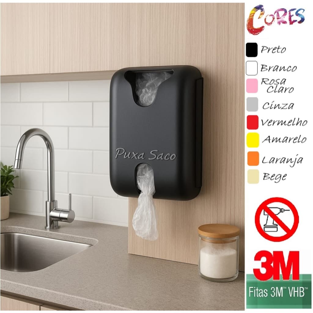 Organizador Dispenser de Sacolas Plásticas Puxa Saco Dupla Face 3M Cores