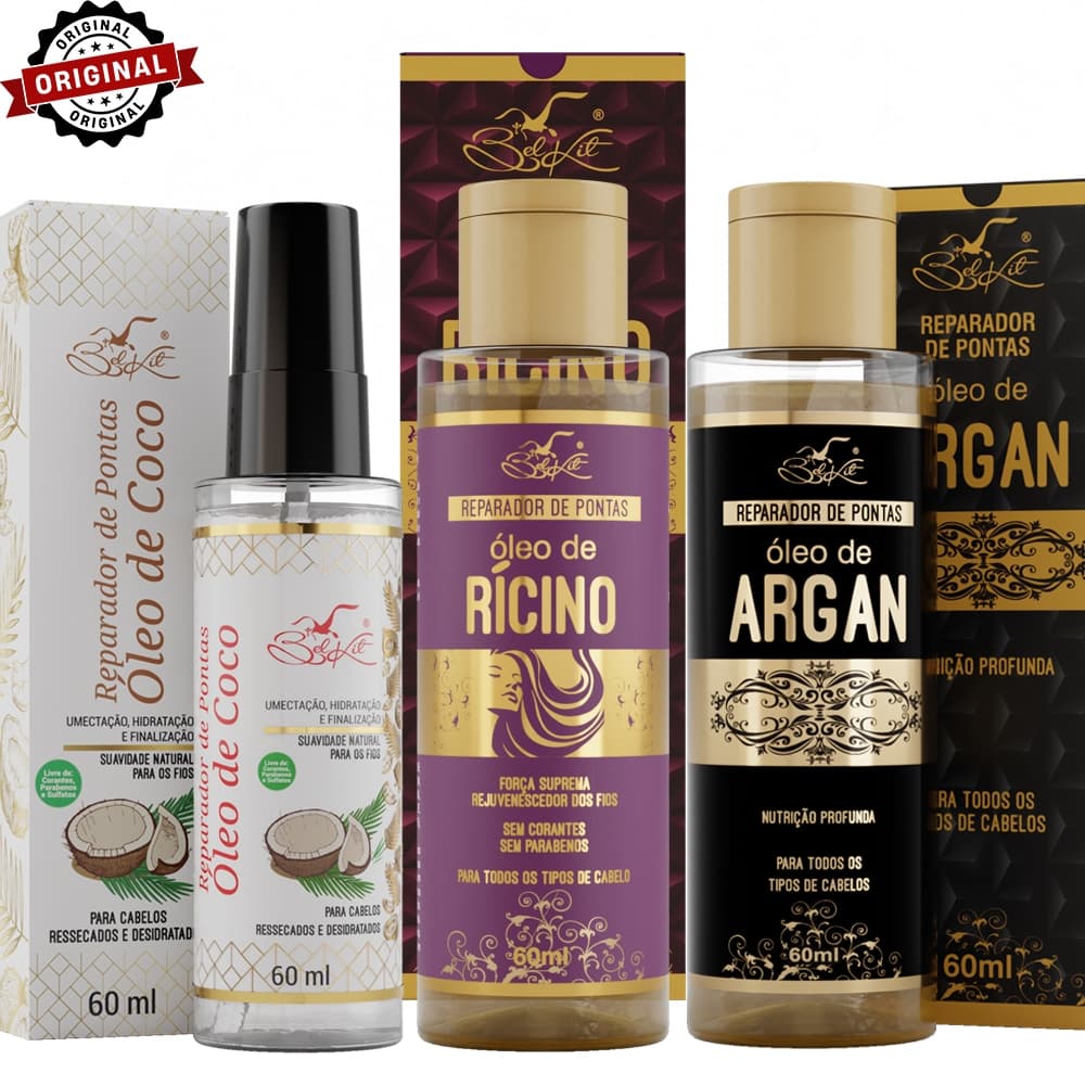 Kit Óleos Para Cabelo Reparadores Capilares BELKIT | Óleo de Argan, Óleo de Coco e Óleo de Rícino