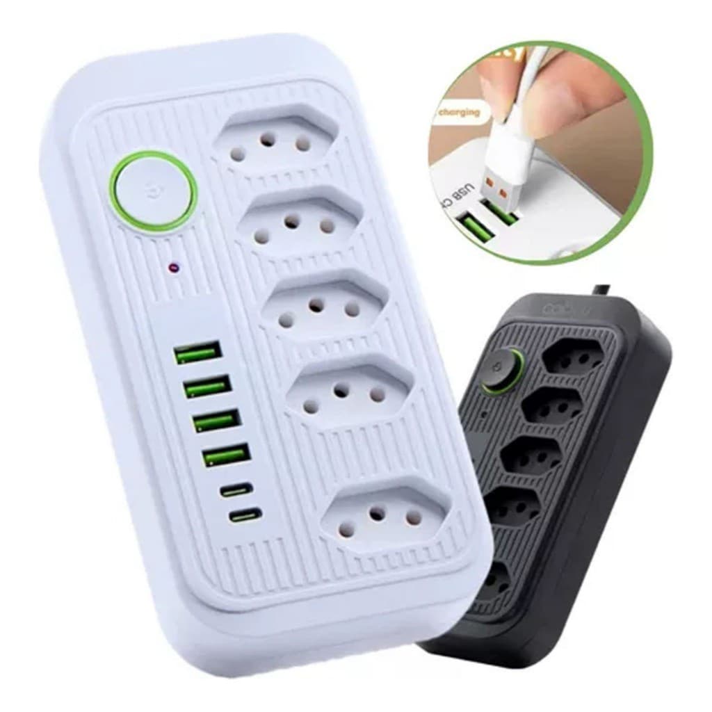 Extensão 5 Tomadas 4 USB 2 TypeC Universal Bivolt 110v/220v 2500W Power 2m Filtro De Linha Segurança