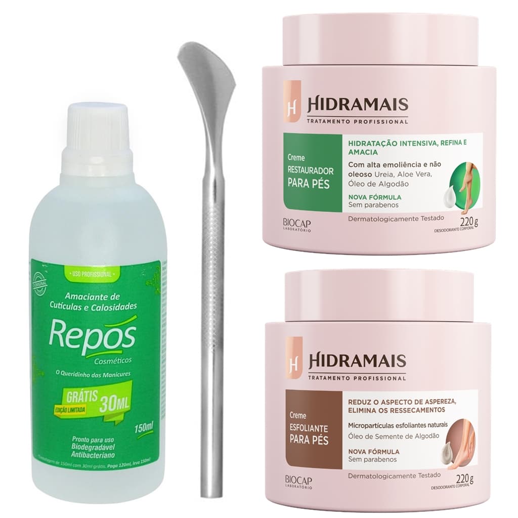 Amaciante de Cutículas Repos 150ml + 222 + Restaurador Pés 220g +Esfoliante Pés 220g Hidramais