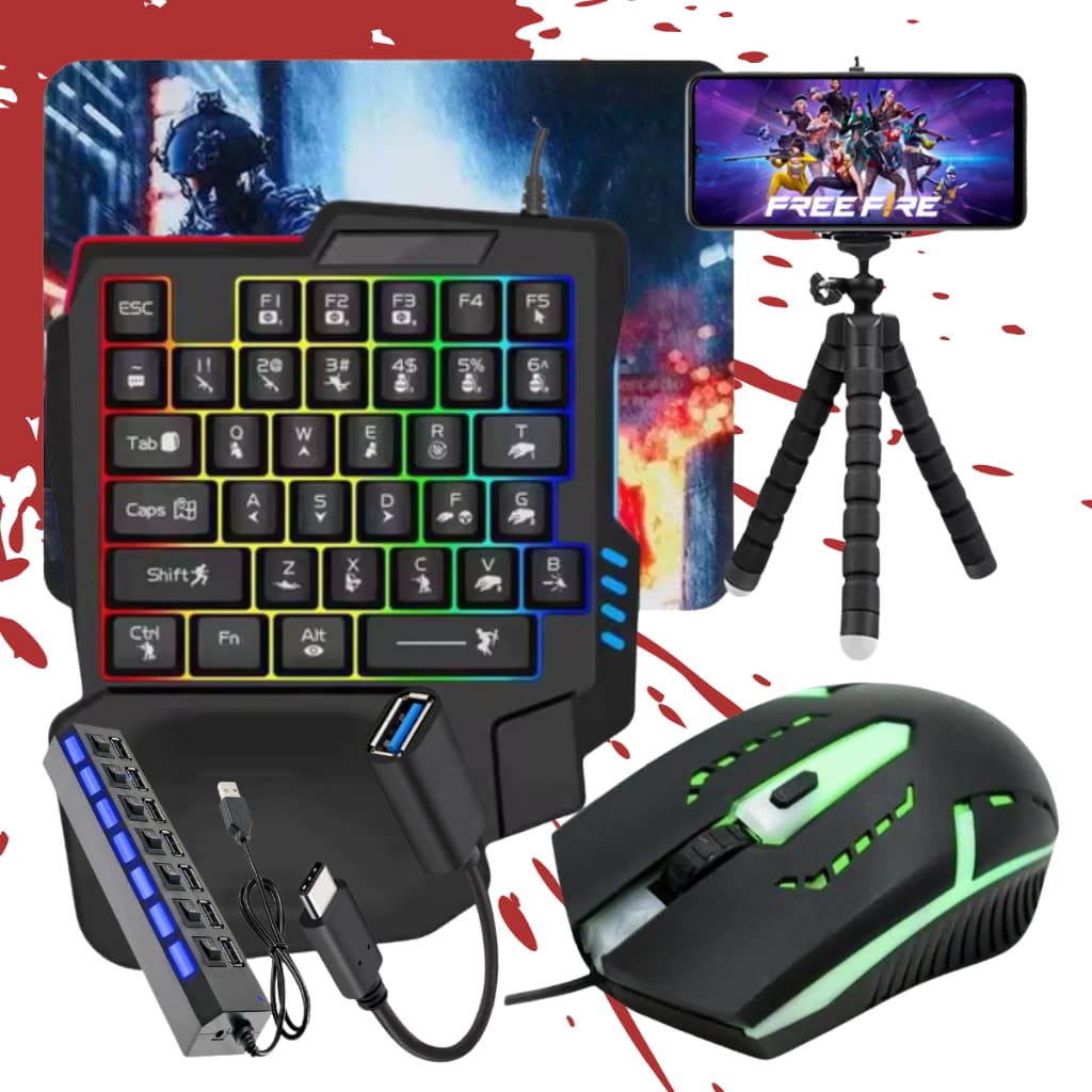 Kit Gamer Free Fire Teclado Mouse Gamer Rgb + Hub Usb + Tripé + Adapitador Otg Tipo C + Mouse Pad