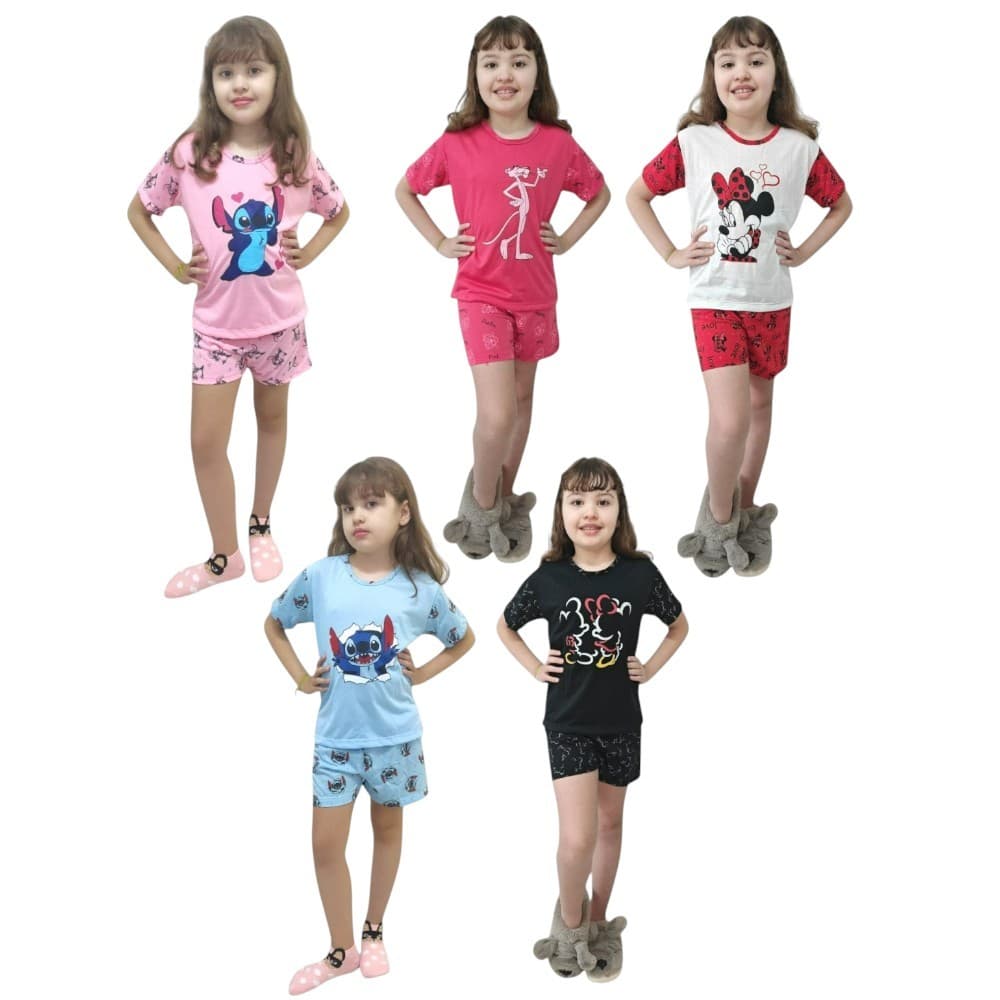 Pijama Infantil Menina Curto de Manga Meia estação Estampado Roupa de Dormir Feminino