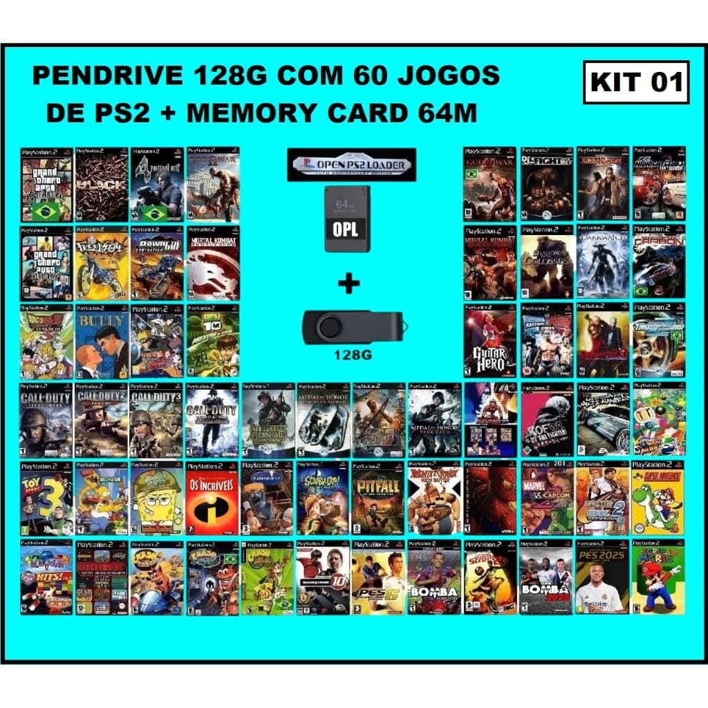 Pendrive com jogos de ps2 + Memory card 64M com OPL - LEIA A DESCRIÇÃO