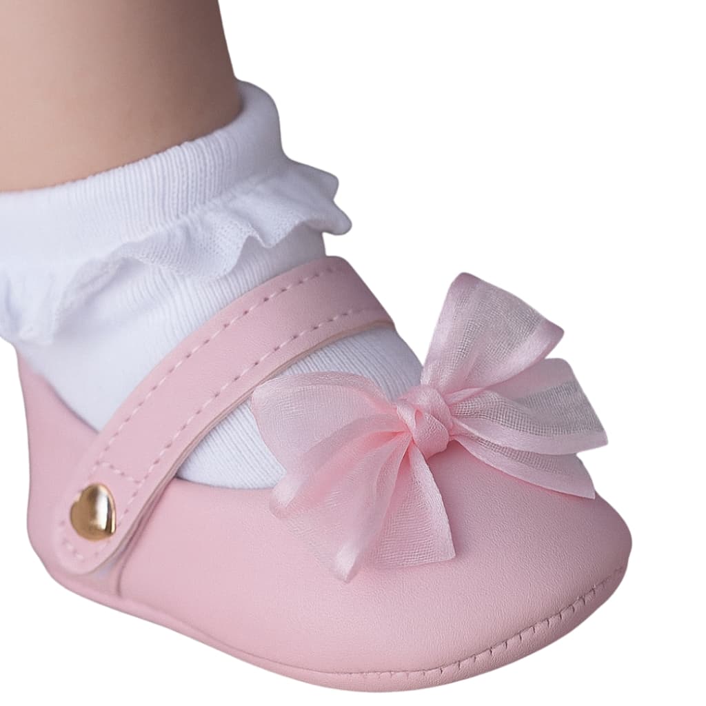 Sapatilha bebê rosa com laço e voal super macio e confortável uso formal e casual