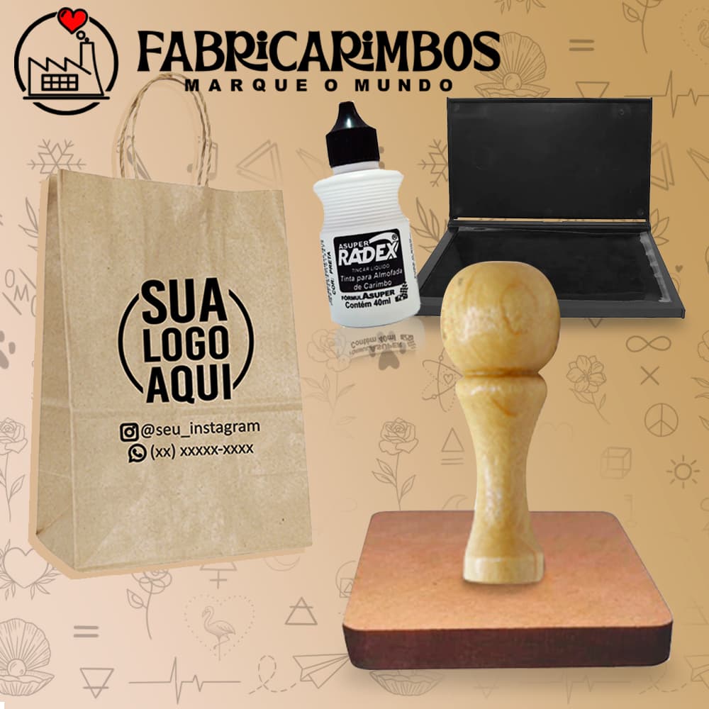 Carimbo Personalizado com Carimbeira e Tinta - para Sacola Kraft / Tecido / Plástico Com Sua Logo