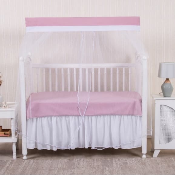 MOSQUITEIRO PARA BERÇO PADRÃO AMERICANO ROSÊ COM BARRADO BRANCO TULE  BRANCO  LUXO ESPECIAL MENINAS