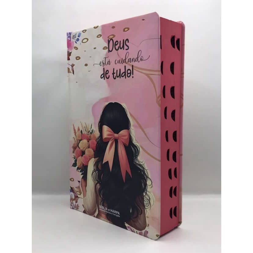 Bíblia Sagrada Tamanho Grande com Harpa Palavras de Jesus em Vermelho Capa Dura Menina Deus está cuidando