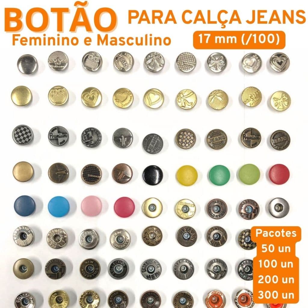 Botões para Jeans 17 mm (/100) - Nacional - Pacote com 50, 100, 200 ou 300 unidades