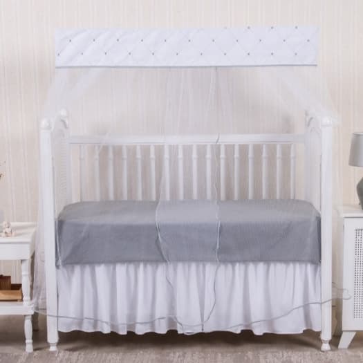MOSQUITEIRO PARA BERÇO PADRÃO AMERICANO BRANCO  BORDADO  GOTAS  CINZA  TULE BRANCO DELICADO ESPECIAL