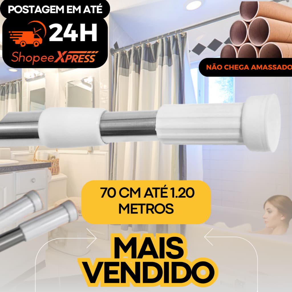 Tubo Bastão Varão Regulável Extensível Barra Pressão cortina Box Banheiro Cozinha Suporte Extensor Haste Metal 70cm 1,2m
