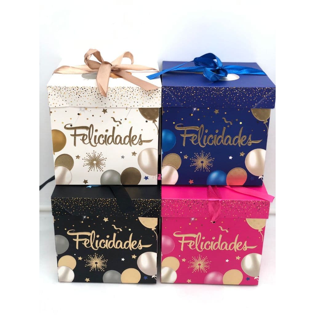 Caixa Presente “Felicidades” com Laço – Tamanhos Pequeno e Grande – Cores Sortidas