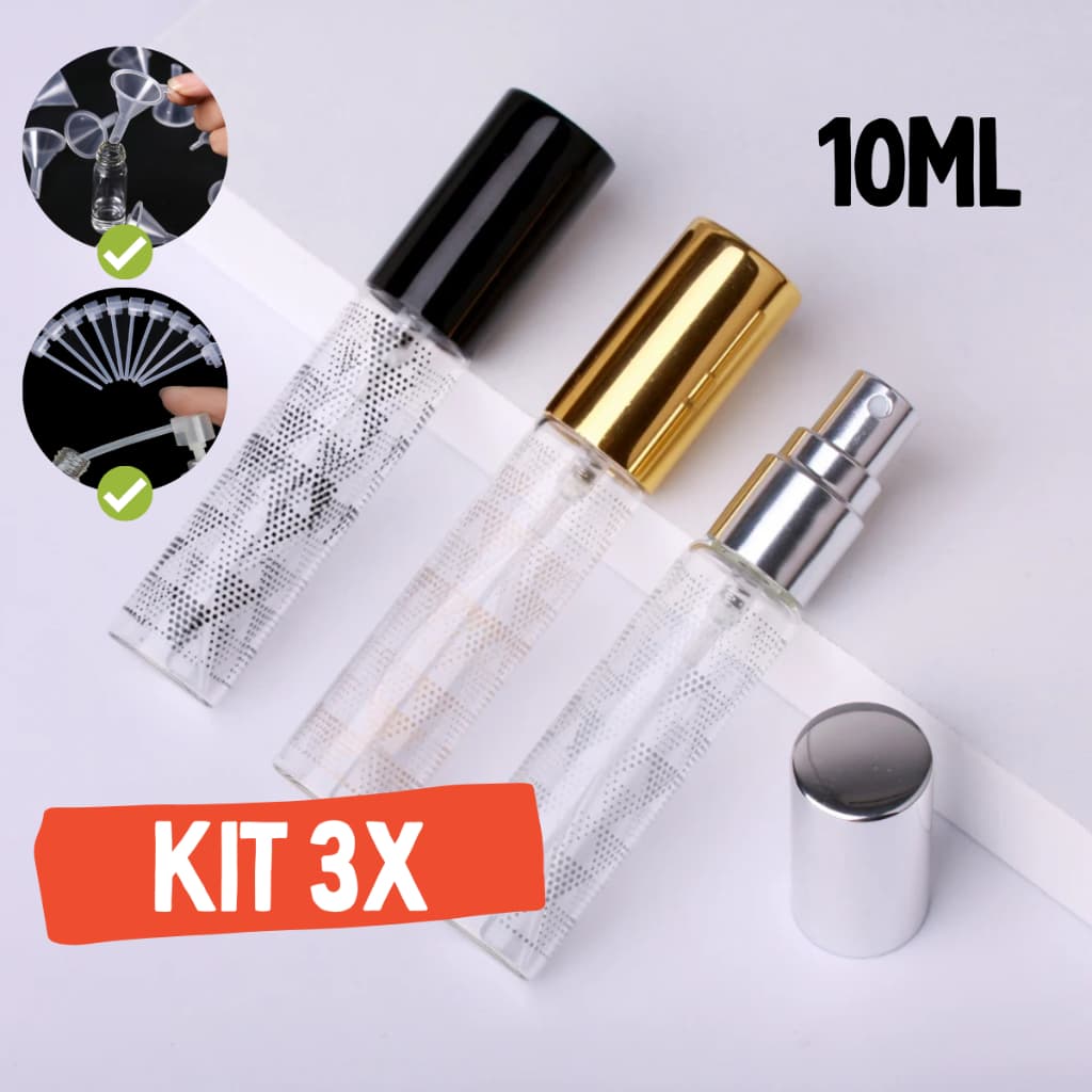 3X Porta Perfume 10ml Spray Vidro Kit Com Bico Decanter e Mini Funil Frasco Recarregavel Portátil