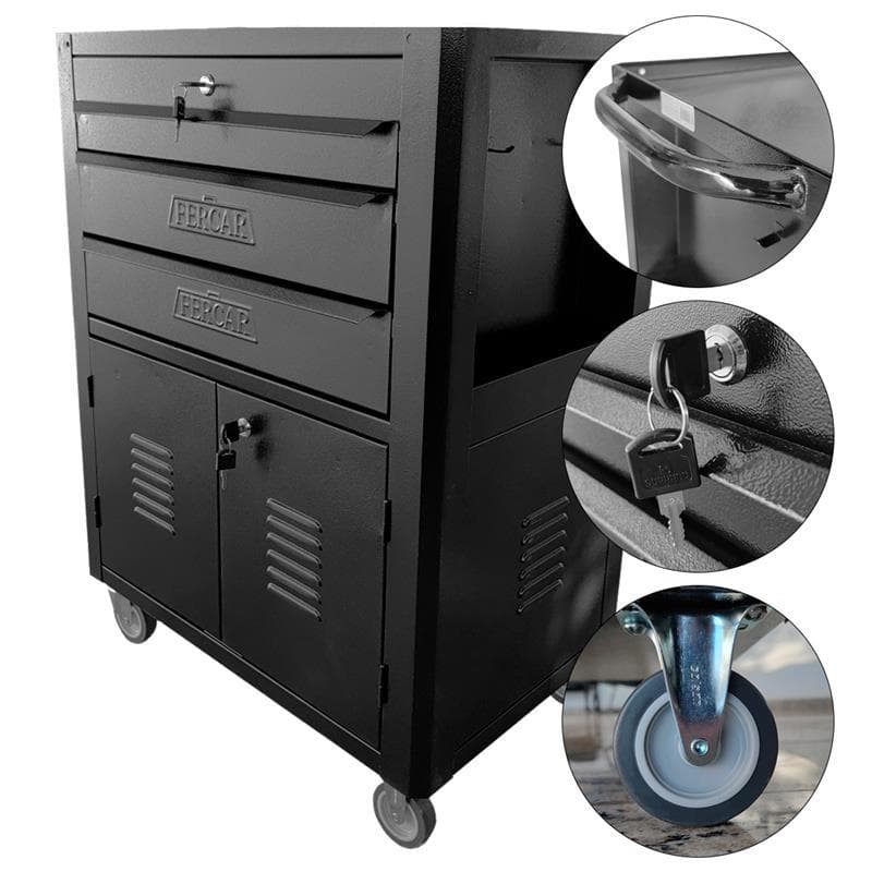 Carrinho de Ferramentas 3 Gavetas C-06 Todo Preto - FERCAR