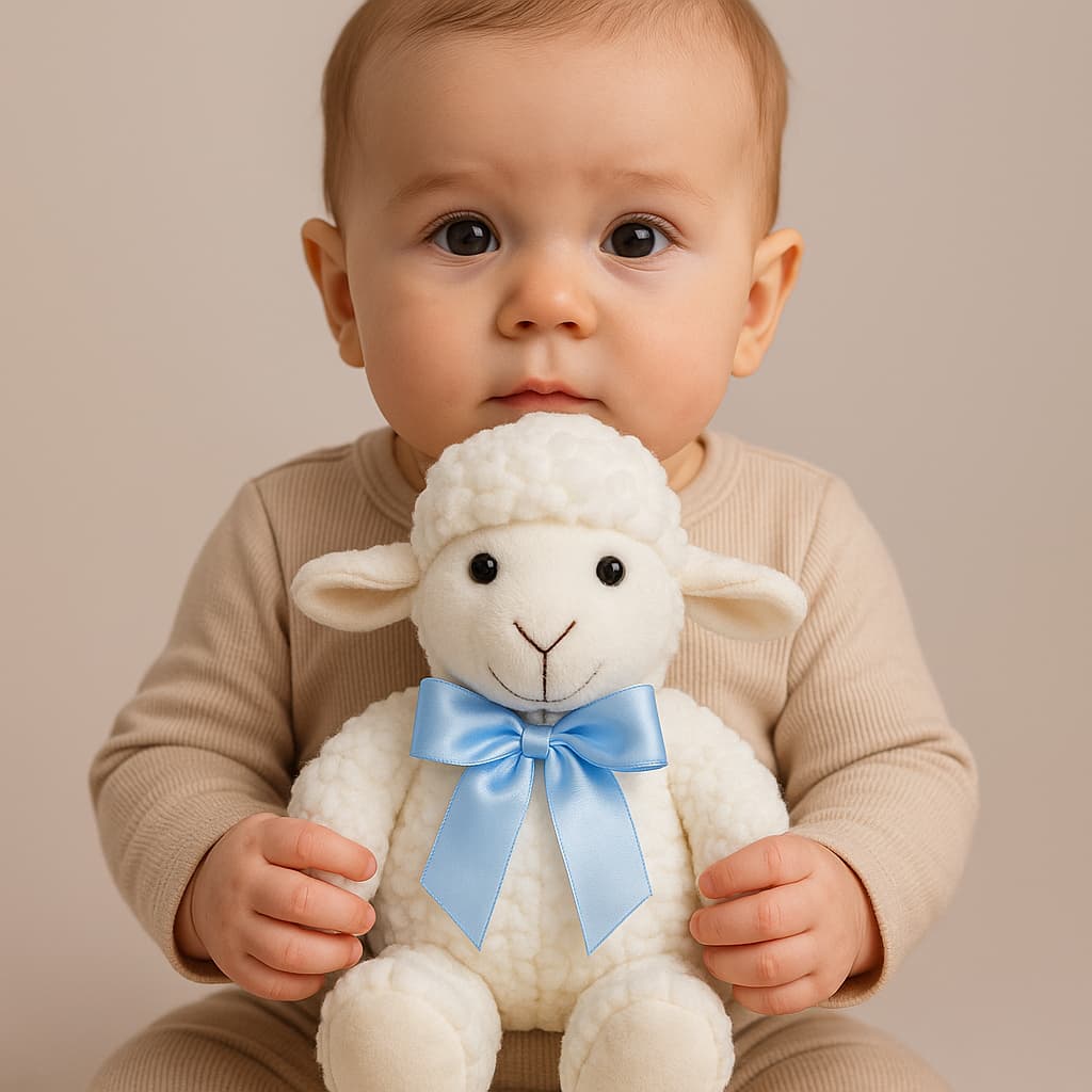 Ovelhinha de pelúcia com laço , 34cm em tecido 100% sherpa , variedade de cores de laço