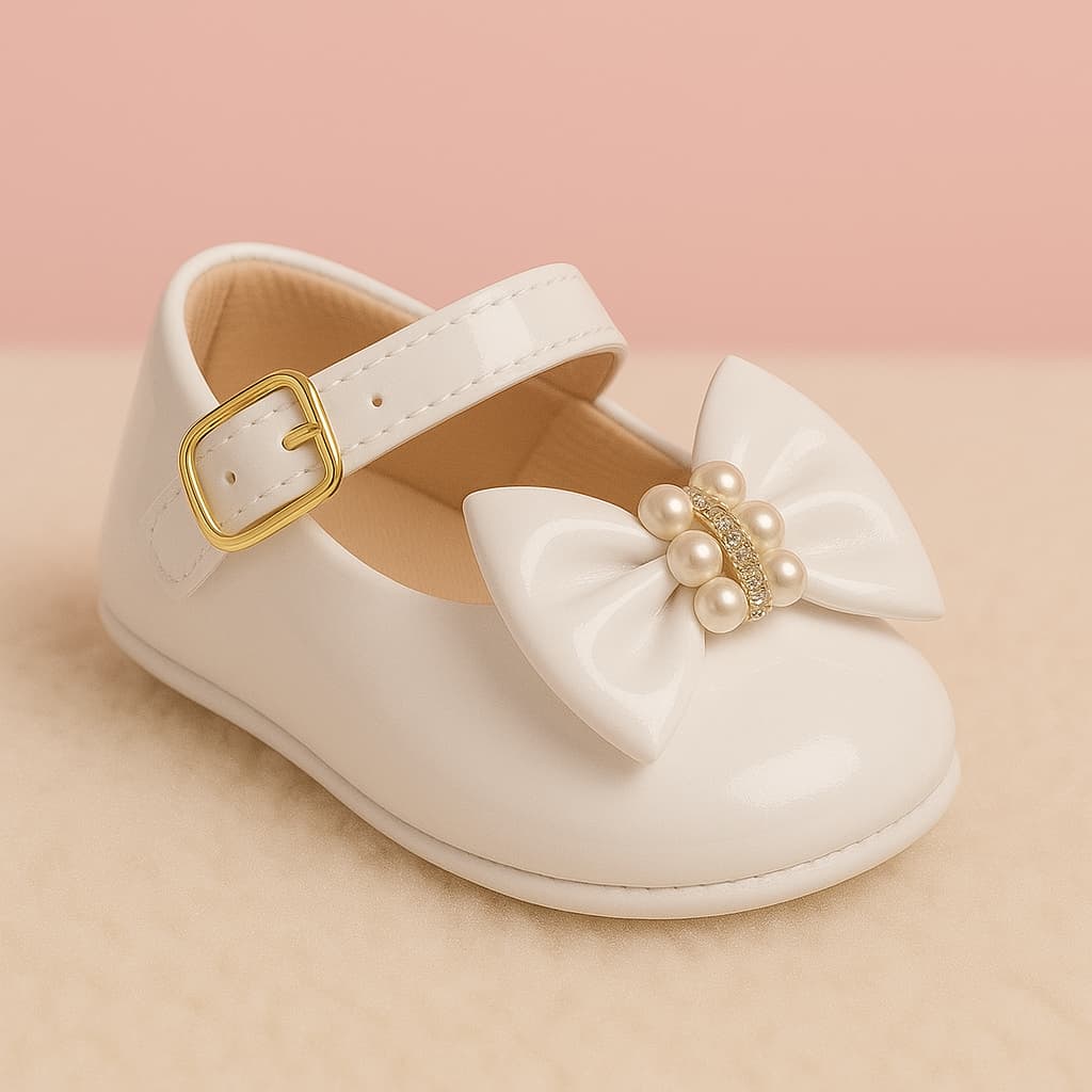 Sapatilha Bebê Menina Laço Pérola do 14 ao 19 Branca Daminha, Festa, Batizado, Dia a dia