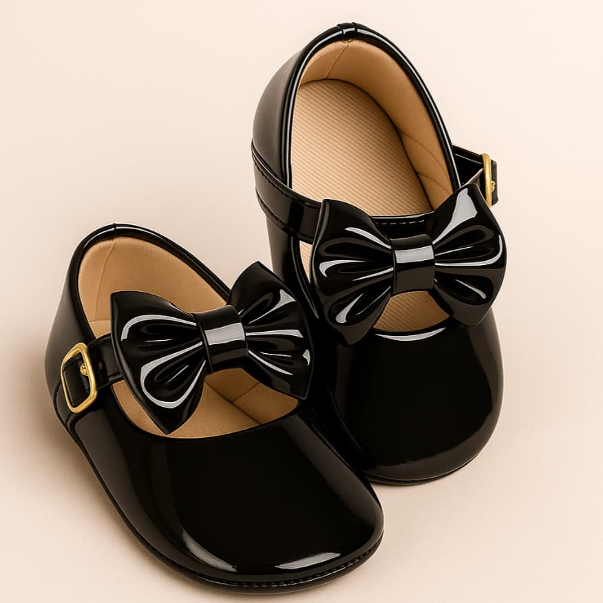 Sapatilha Bebê Menina Laço Verniz Removível Daminha Festa Batizado 14 ao 19 Preta