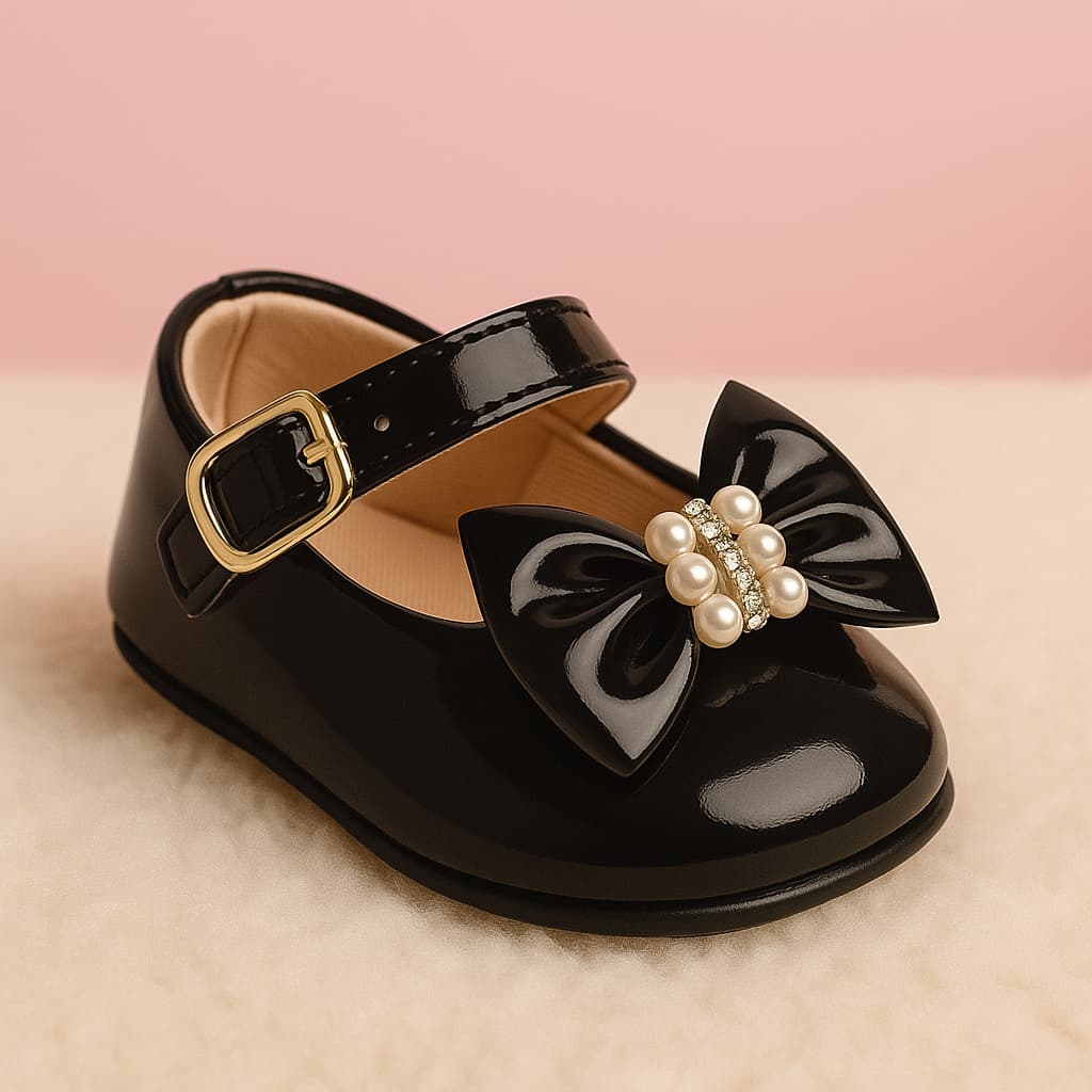 Sapatilha bebê menina, com laço pérolas, do 14 ao 19. Batizado, festa.