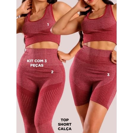 kit 3 Peças Top + Short + Calça legging leg Feminino Canelado Poliamida Grossa Esportivo Importado