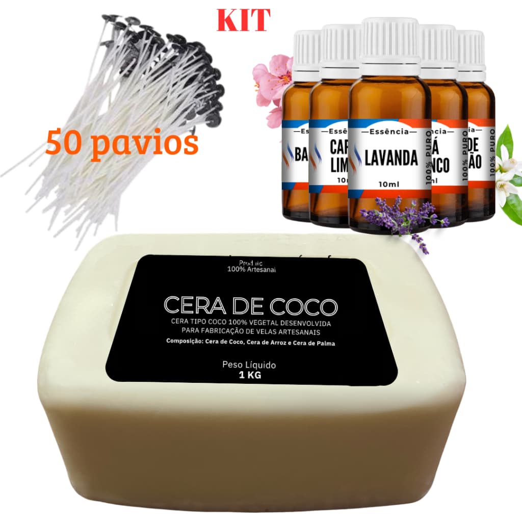 KIT Cera de Coco 1kg  + Essência de 10ml + 50 Pavios