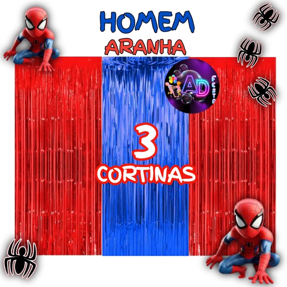kit: 3 Cortina Metalizada Homem Aranha, Decoração , Festa , Aniversário, Adereços , Banner , Festival, Comemoração