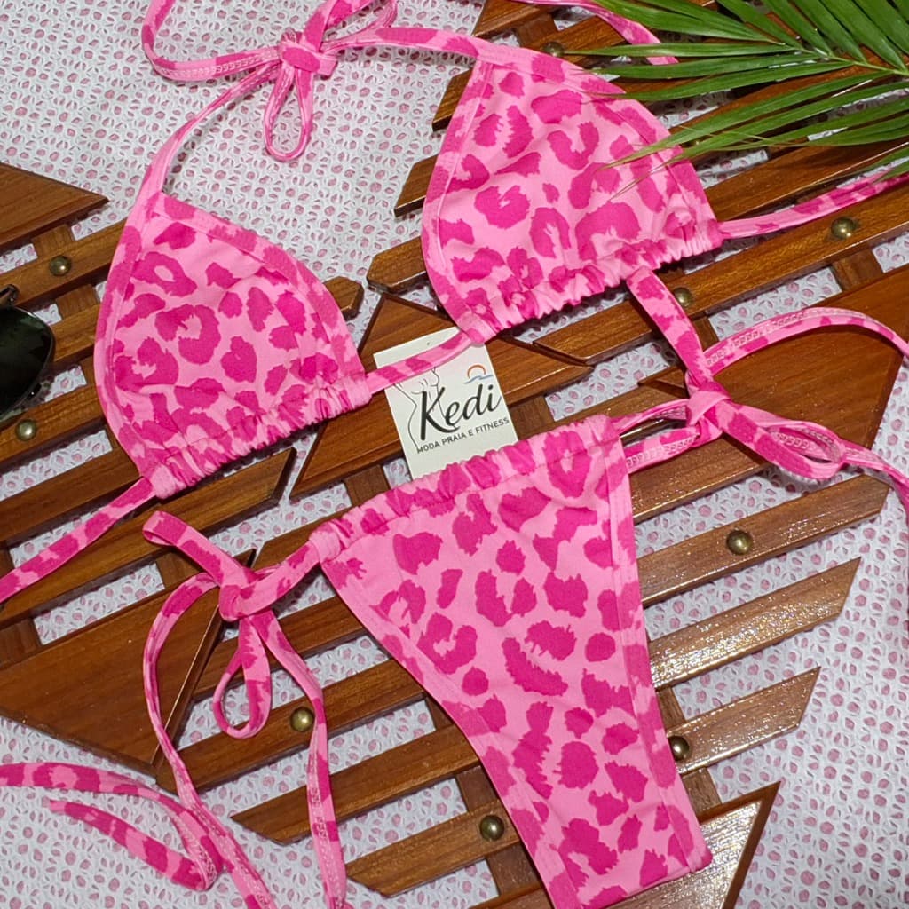 Biquíni Rosa Estampa Animal Print Oncinha | Moda Praia 2026 Verão Feminino Tamanho Único