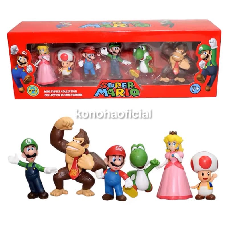 Kit 6 Miniaturas Bonecos Super Mario Bros Mario Luigi Yoshi Donkey Kong Cogumelo PVC Figuras de Ação Brinquedos Infantil