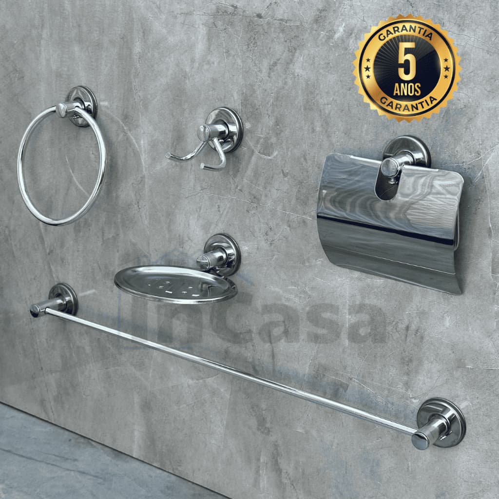 Kit Acessórios Para Banheiro de Metal Inox 5 Peças Completo Cromado