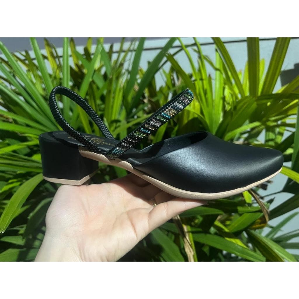 Mule Social 2 em 1 Feminino Femininas Scarpin Salto Medio Baixo Manta brilhante  Confort  Manta chic 080 preto