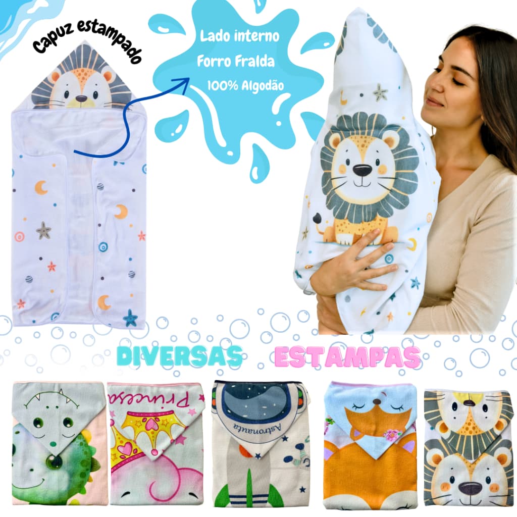 Toalha com capuz bebê infantil estampada dupla camada forrada tecido fralda 100% algodão 75 x 95 cm
