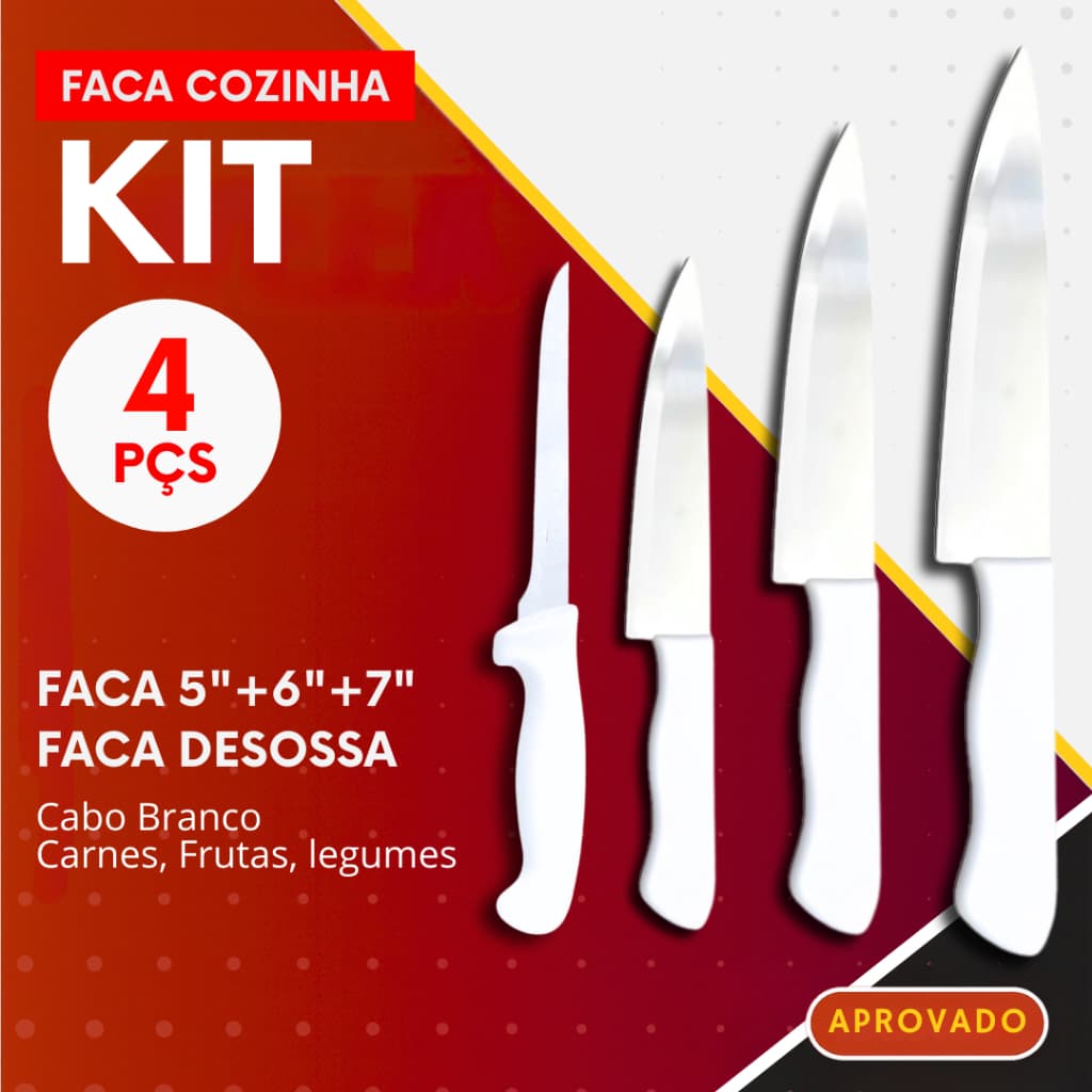 Kit 4 Facas de Aço Inox para Cozinha Churrasco Açougue Uso Profissional Chef e Donas de Casa