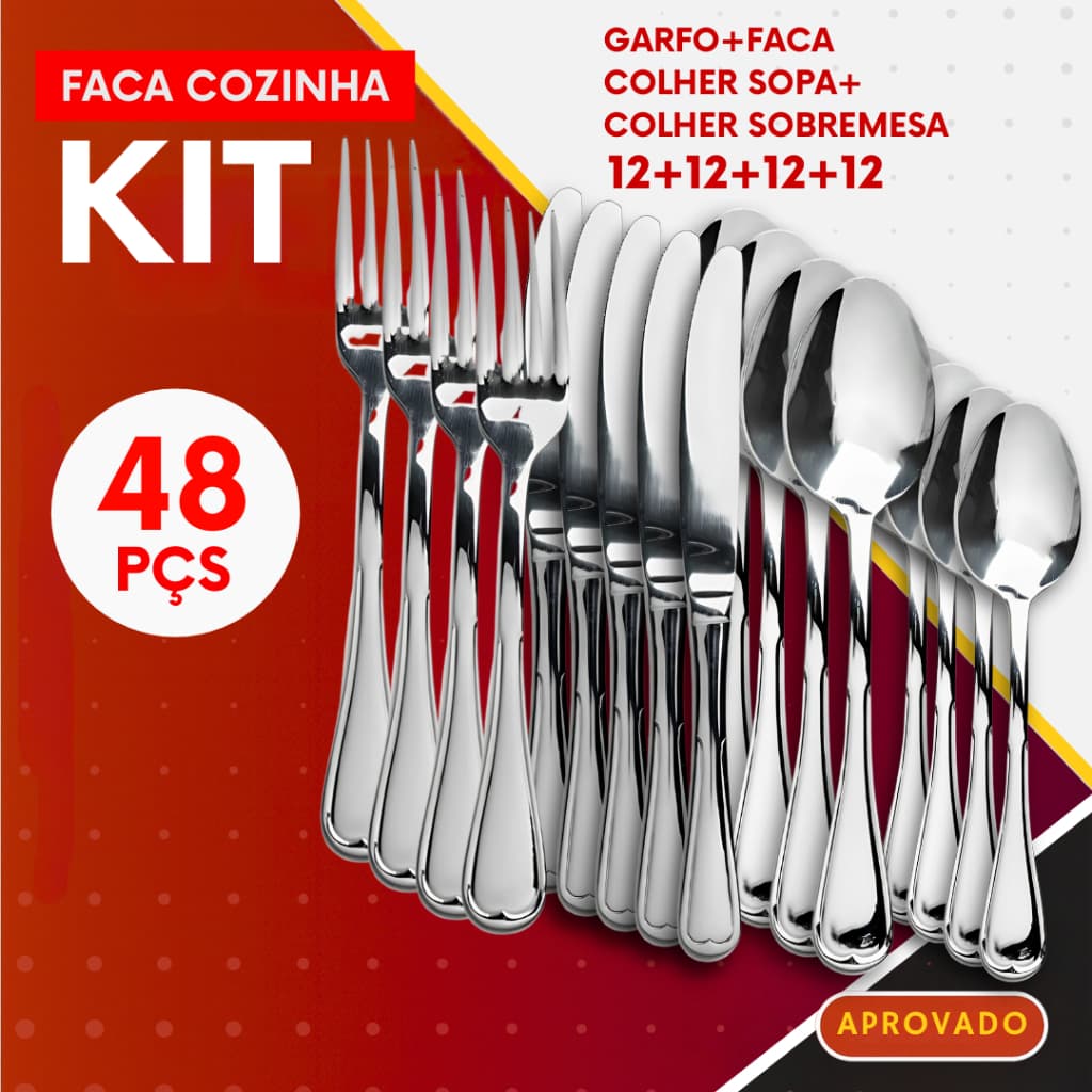 Kit 48 Talher Garfos Facas Colher Sopa e Sobremesa Inox Jantar Almoço Buffet Bar Restaurante